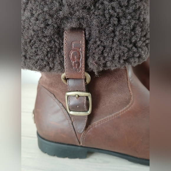 UGG Women's Brown LEATHER Bellvue Ankle Tall SHEARLING Cuff BOOTS shoes Size 8.5 - Picture 5 of 14